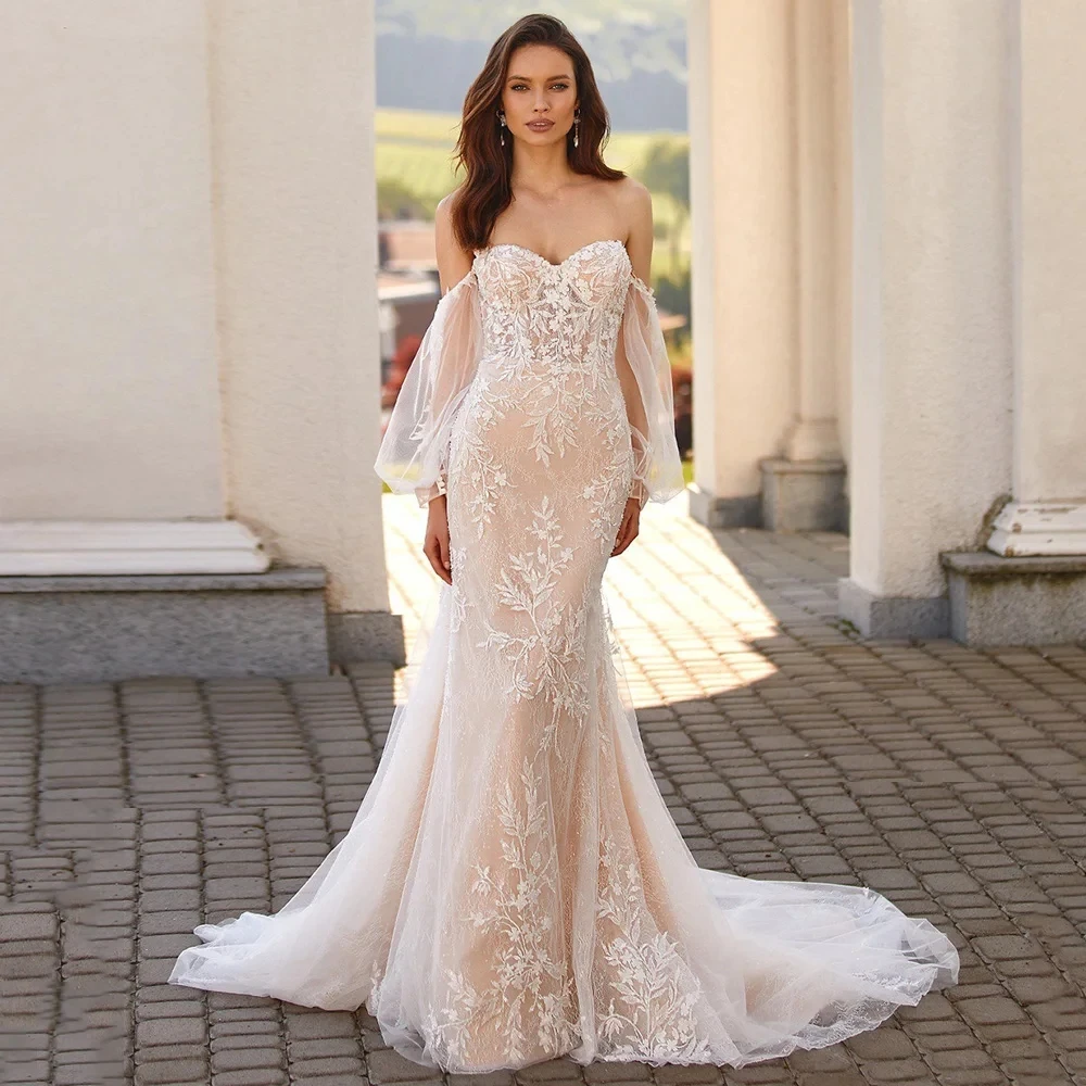 

Detachable Puff Sleeves Sweetheart Vestidos De Novia Lace Mermaid Wedding Dresses Appliques Vestido De Noiva