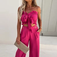 sexy sleeveless bow short tube top high waist wide leg pants 2022 summer fashion casual hollow out suit womens clothing