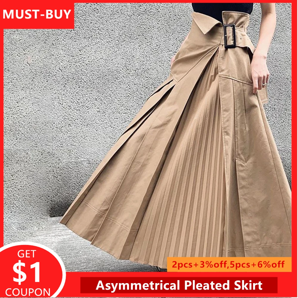 Асимметричная плиссированная юбка с высокой талией Женская корейская мода хаки