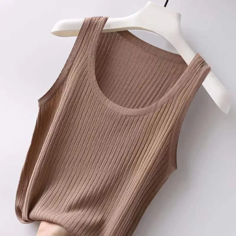 

YEMOGGY Ice Silk Tanks Tops Women's Summer Camisole Thin Knitted Sweater Vest Thin Bottoming T-shirt 2022 New Skinny Solid Camis