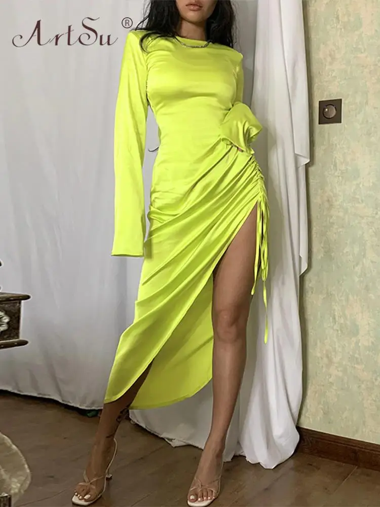 

Атласное элегантное женское вечернее платье ArtSu, модное осеннее облегающее платье средней длины с круглым вырезом и длинным рукавом, ANDYDR1423