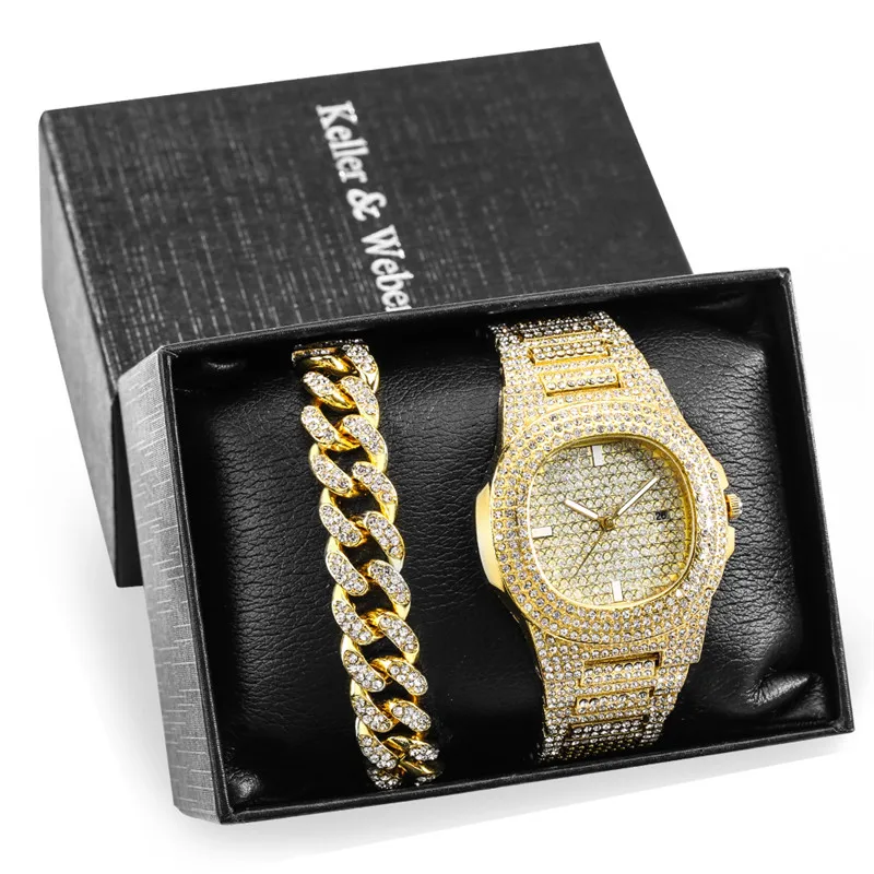 

Luxury Yellow Gold Rhinestone Design Crystal Quartz Analog Wrist Watch for Men with Golden Cuff Bracelet Chain Unique Gift Set