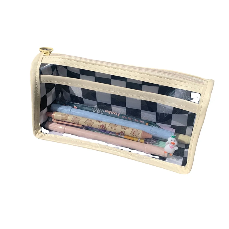 

1pc Ins Chequered Pencil Case Grid Pen Box Transparent/Knitted Checkered Large Capacity Storage Organize Bag Pencil Cosmetic Bag