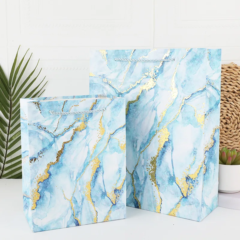 

5 PCS Marble Tote Bag DIY Handmade Paper Gift Bag Hot Stamping Craft Garment Bag Blue Gift Bag Decorative Accessories
