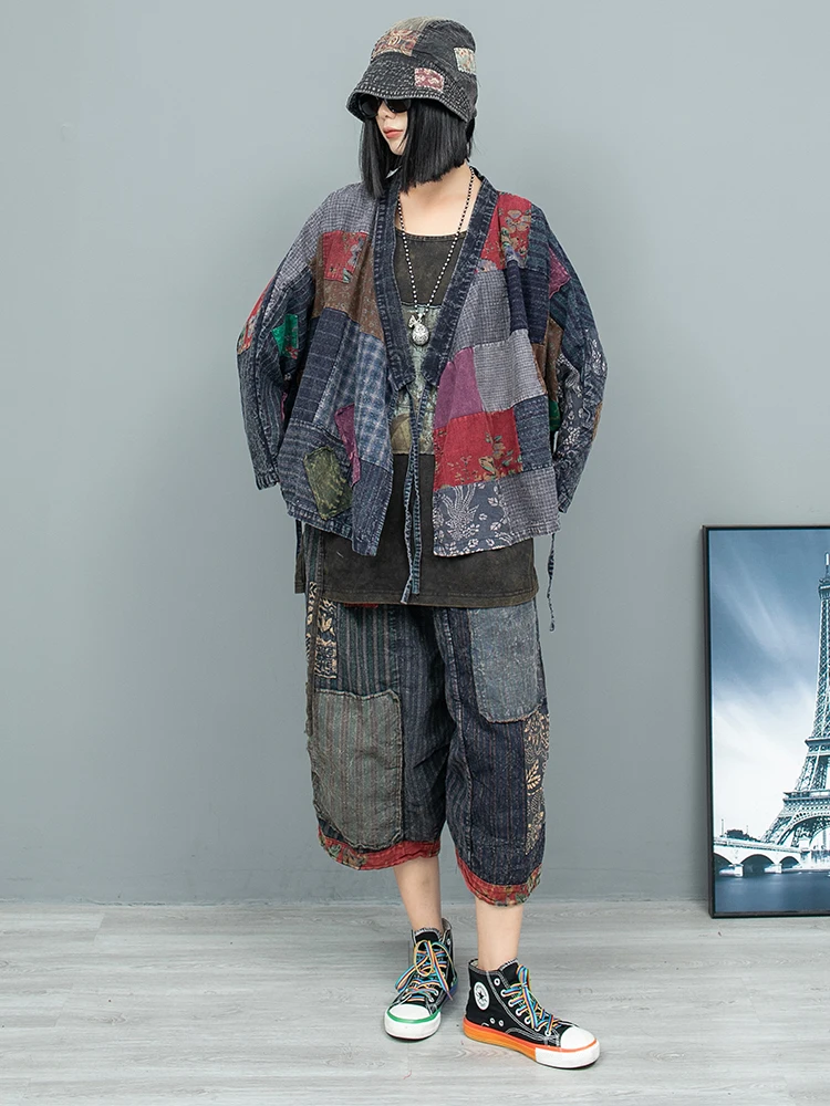 Новинка женский винтажный костюм в стиле пэчворк с поясом длинным рукавом и