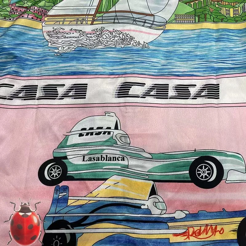 CASA CASABLANCA Silk Shirt Seaside Racing Scenery Print Tee Men Women High Quality Hawaii Summer Style Beach Falling Shirt Tee
