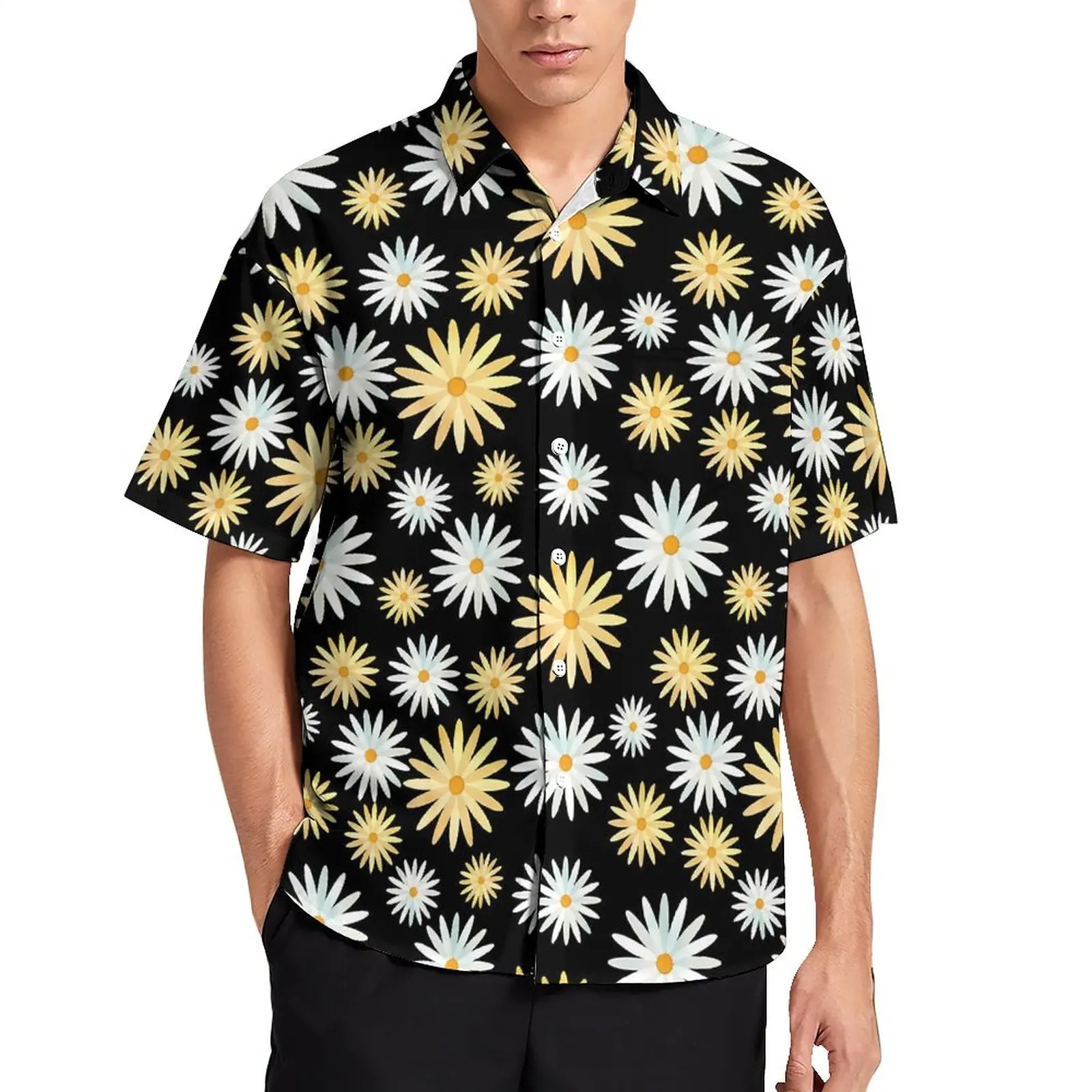 

April Daisy Print Vacation Shirt Watercolor Floral Hawaii Casual Shirts Mens Street Style Blouses Short-Sleeve Custom Clothing
