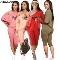 fagadoer casual pink letter print shorts two piece sets women one shoulder top skinny shorts tracksuits summer 2pcs streetwear