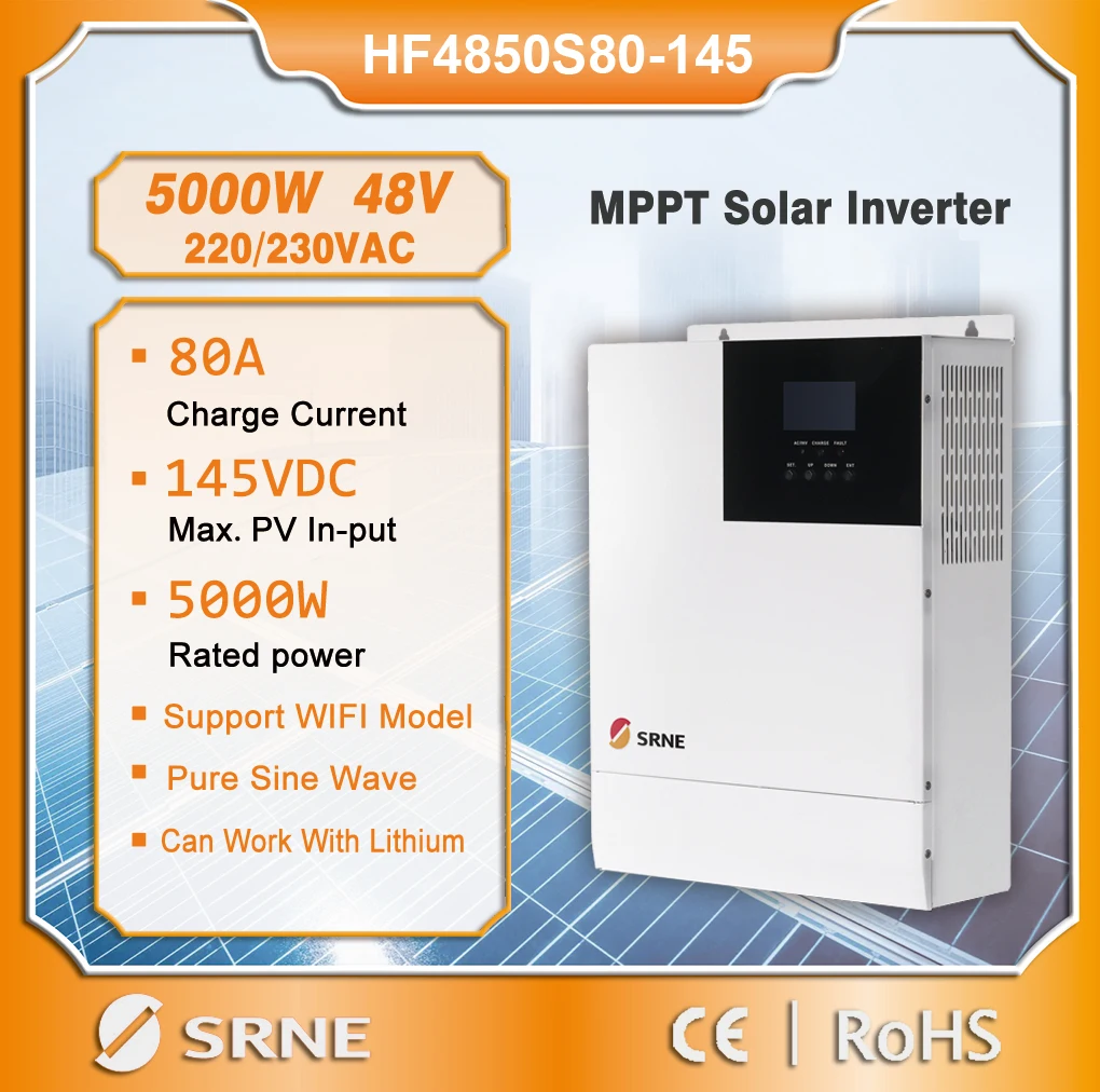 SRNE 5KW 48V OFF-GRID Hybrid Solar Inverter  MPPT 80A Pure Sine Wave SPWM Solar Charger AC Output 220/230VAC LCD Solar Inverter