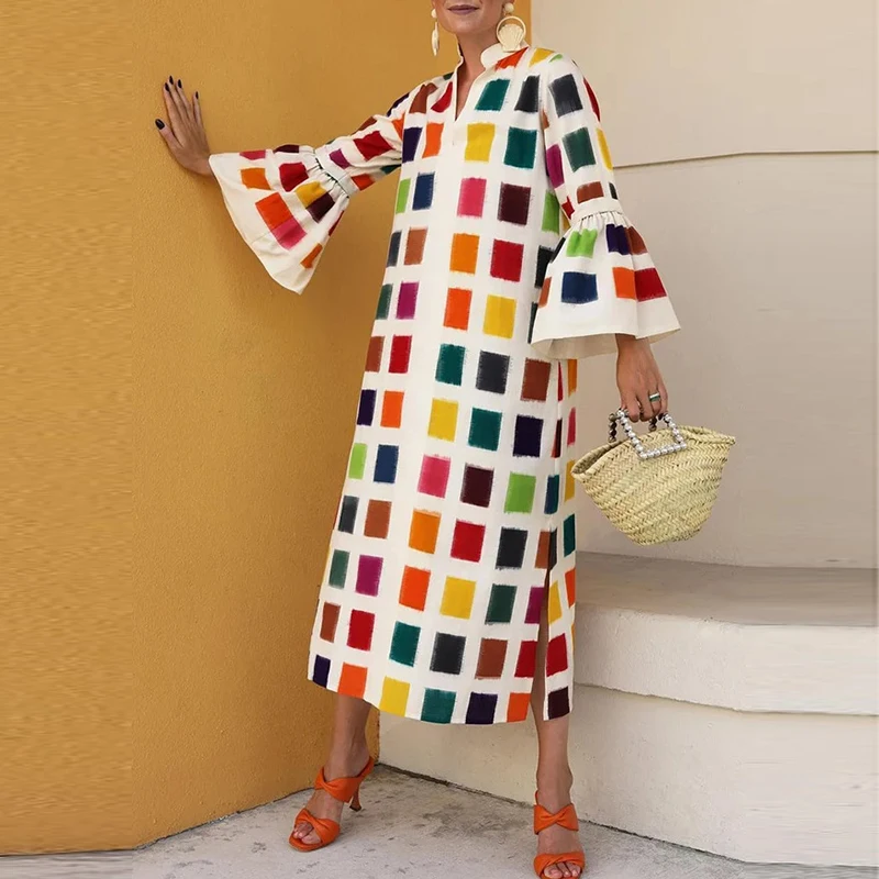 

Summer Vintage Rhombus Loose Hem Boho Dress Women Sexy V Neck Long Beach Dress Autumn Elegant Lantern Sleeve Party Dress Vestido