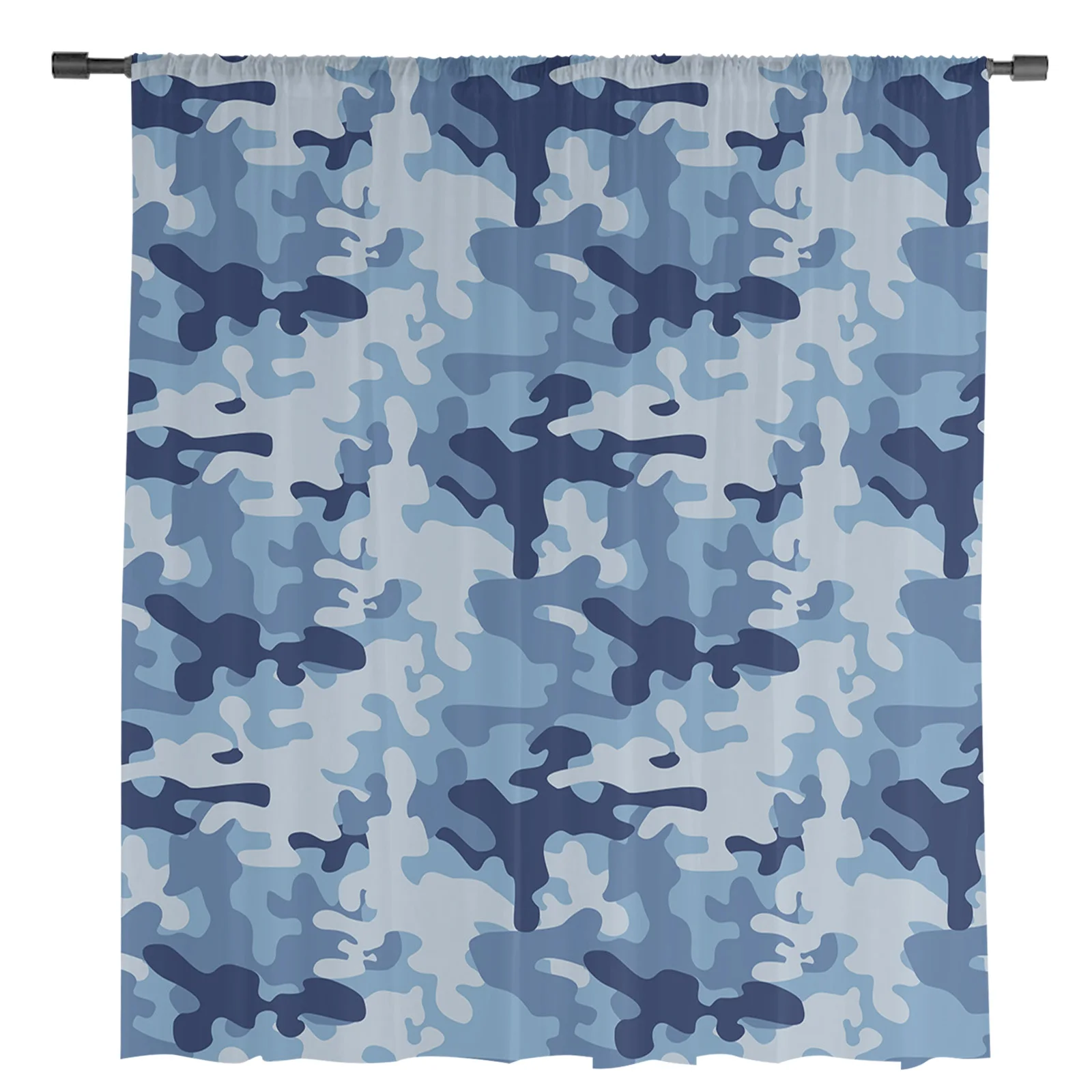 Тюлевые прозрачные шторы в стиле милитари синего цвета с камуфляжным рисунком