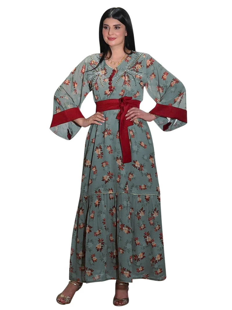 Muslim Dubai Chiffon Print Belt Eid Women Dress Abaya Party Dresses Ramadan Abayas Caftan Kaftan Elegant Vestidos Arab Turkey