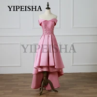 pink sweetheart a line prom gown lace appliques off the shoulder satin highlow evening dresses robe de soir%c3%a9e femme %d9%81%d8%b3%d8%a7%d8%aa%d9%8a%d9%86 %d8%ad%d9%81%d9%84%d8%a7