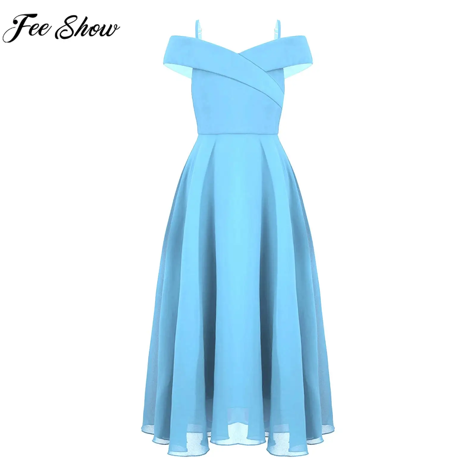 

Kids Wedding Flower Girls Dress Off Shoulder Adjustable Strap Elegant Chiffon Maxi Party Dress for Birthday Prom School Pageant