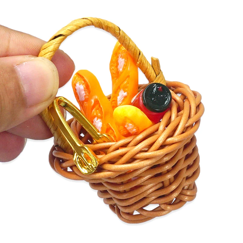 

1Set 1:12 Dollhouse Miniature Bread Basket Mini Picnic Basket Bread Drink Jam Breakfast Model DIY Doll House Food Scene Toys