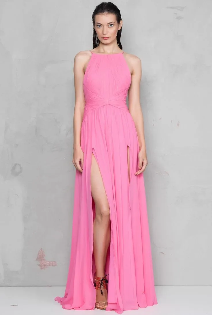 

Шифоновые вечерние платья с лямкой на шее и разрезом, трапециевидные платья до пола с бисером, шифоновые платья для выпускного вечера для женщин