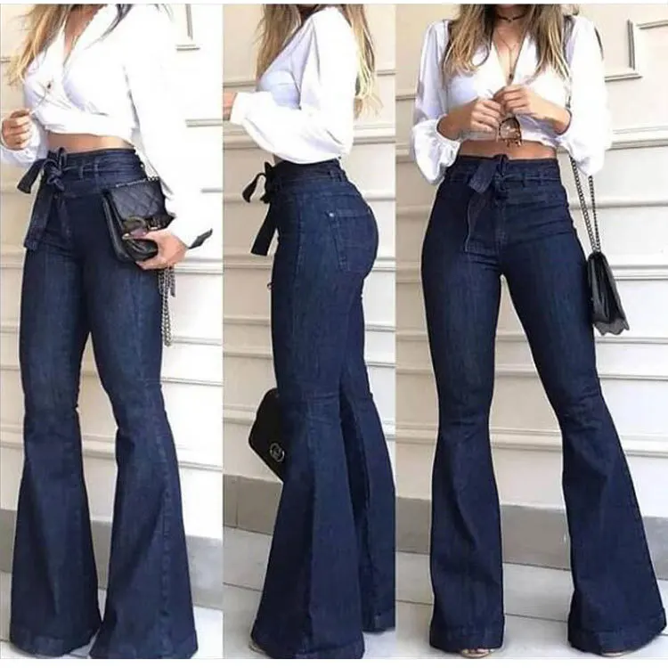 

2022 Spring Autumn Casual Blue Skinny Jeans Women'S High Waist Trousers 90S Denim Trousers Ladies Pocket Streetwear Flared Pants