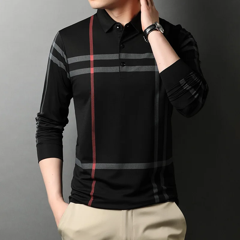 

High End Designer New Fashion Brand Polo Shirt Men 2022 Black Striped Korean Top Quality Casual Long Sleeve Tops Men Clothes