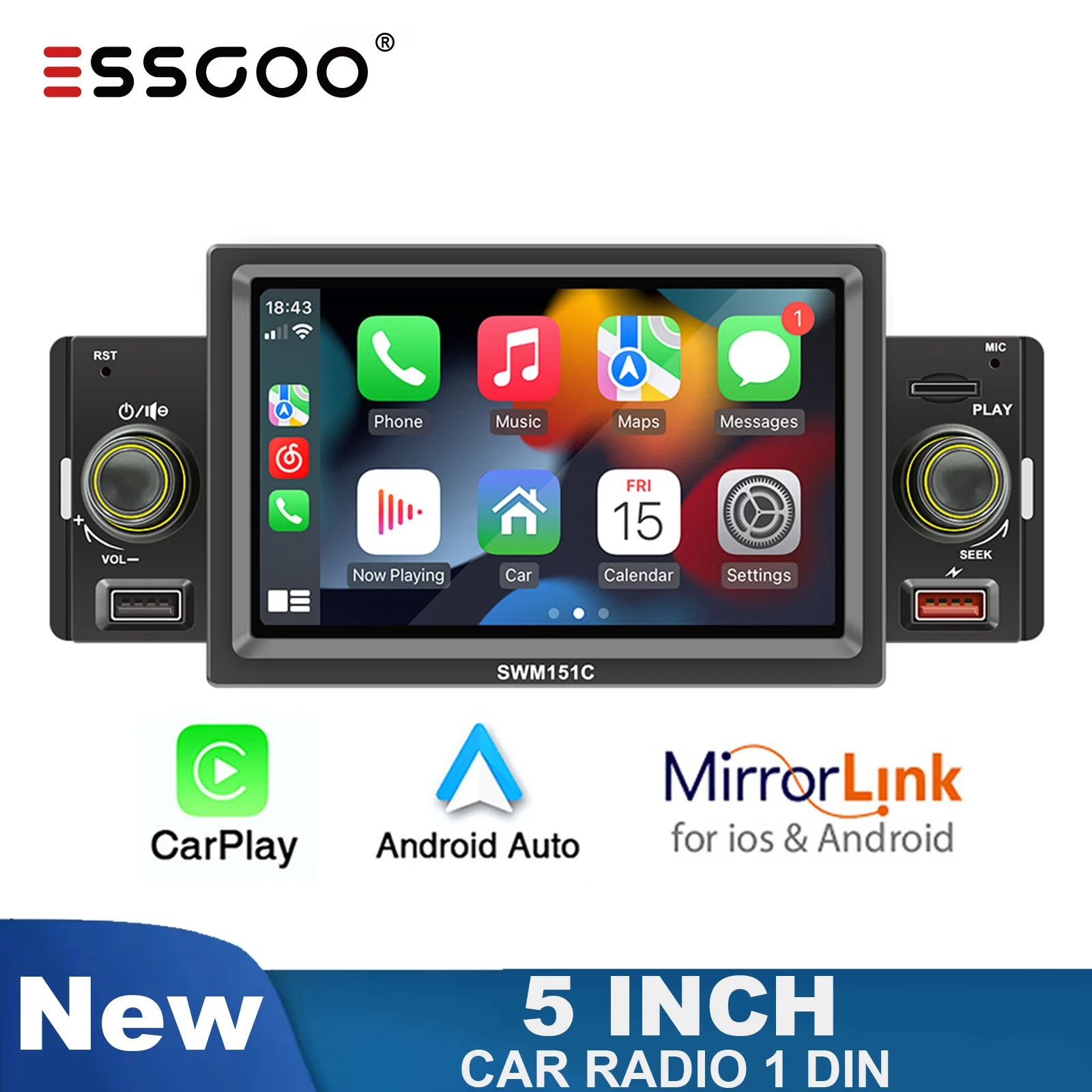 ESSGOO 5 Inch Car Radio 1 Din MultiMedia MP5 Player  Android Auto Carplay MirrorLink Car Stereo Reversing Camera Car Autoaudio