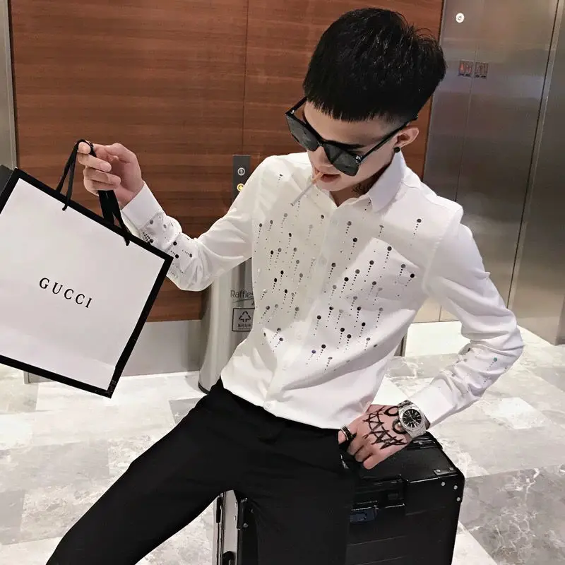 Men's shirt spring and autumn long sleeve slim print shirt trend personality nightclub stylist fashion clothing