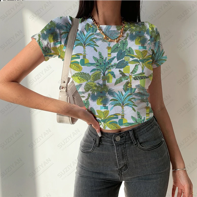 

New Hot Selling Fashion Short Sleeve Round Neck T-shirt Temperament 3D Printed Beach Women's Fragmented Flower Tight Short Top