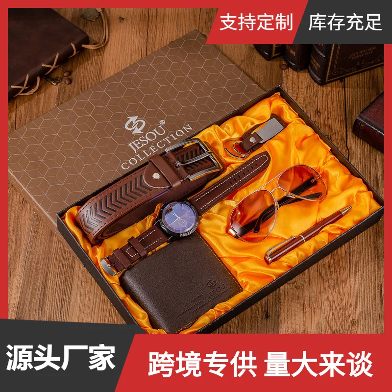 

Модный подарочный набор из 6 шт., очки + ремень + кошелек + брелок + большой циферблат, кварцевые часы + ручка