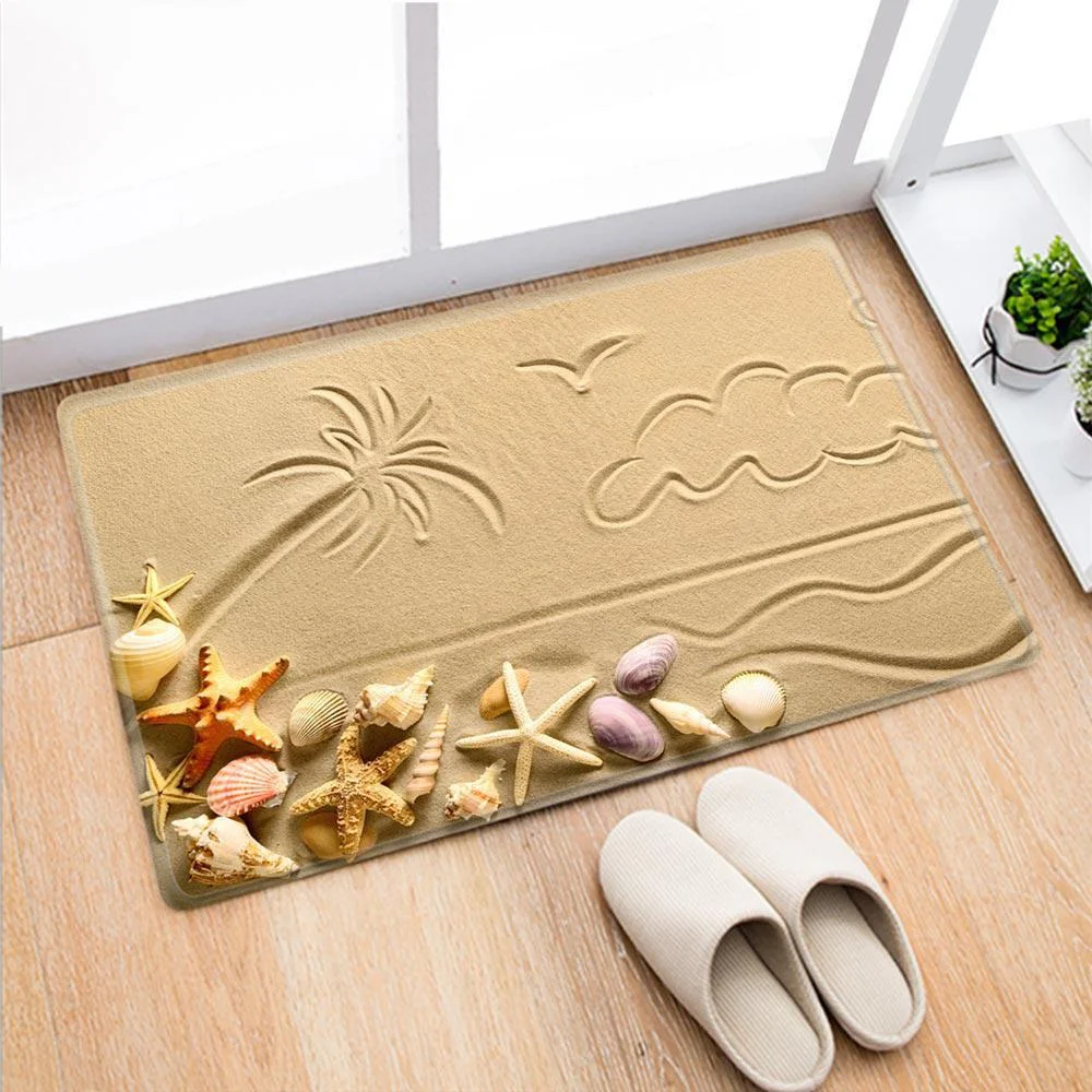 

Sea Style Printing Bath Mat Flannel Fabric Beach Starfish Shell Pattern Bathroom Non-slip Mat Home Decoration Door Mat