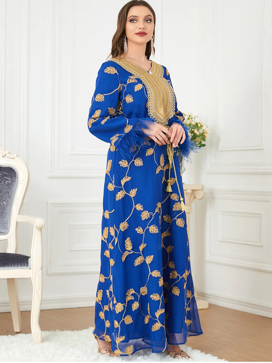 Women's Winter Muslim Fashion Long-Sleeved Hot Gold Chiffon V-Neck Dress Turkish Indian Abaya Arab Islamic Women's Kaftan Gown