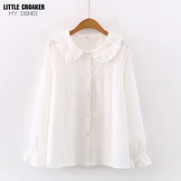2022 spring new women peter pan collar cotton white shirt with tie long sleeve lace blouse autumn solid sweet cute girls tops t0