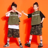 kid kpop hip hop clothing army green tactical vest camouflage streetwear cargo shorts for girl boy jazz dance costume clothes