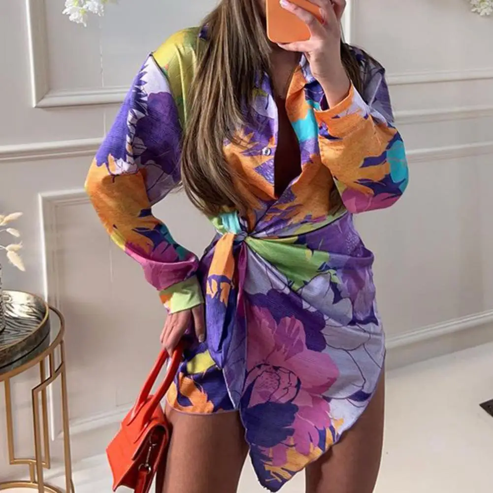 

Flower Print Long Sleeve Shirt Dress Turn-down Collar Long Sleeve Single-breasted Mini Dress Women Sexy Lace-Up Elegant Dress
