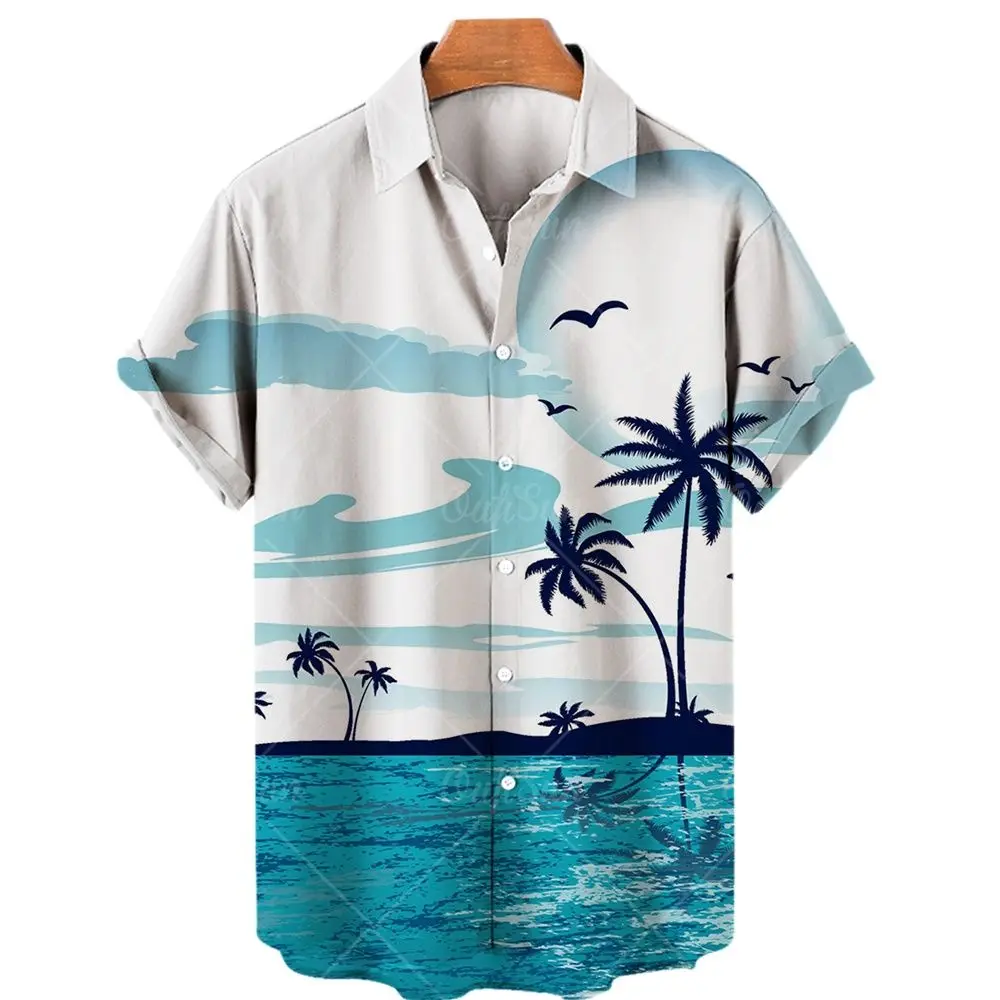 

2022 Мужская гавайская рубашка, мужские топы с коротким рукавом и принтом Коко-дерева, рубашки с лацканами, рубашка с одной пуговицей, Повседн...