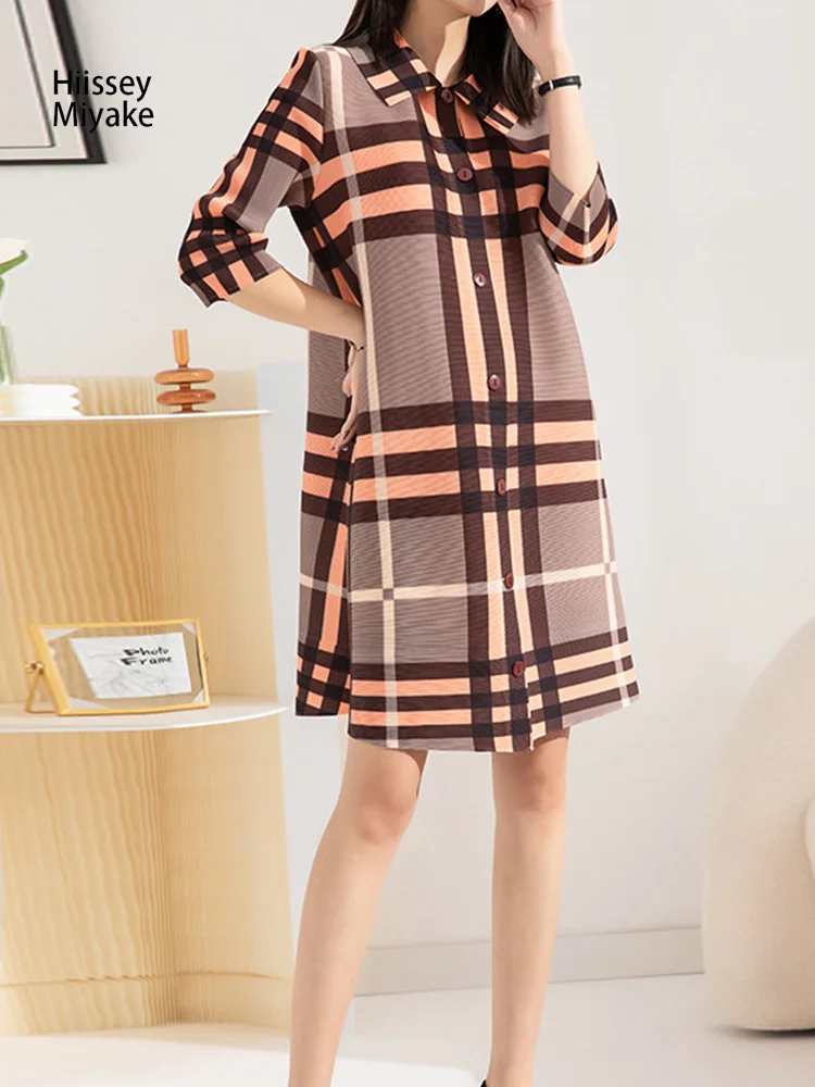 

Модное дизайнерское осеннее женское Плиссированное клетчатое платье HiIssey Miyake 2023, значительно тонкое однобортное Повседневное платье с квадратным воротником