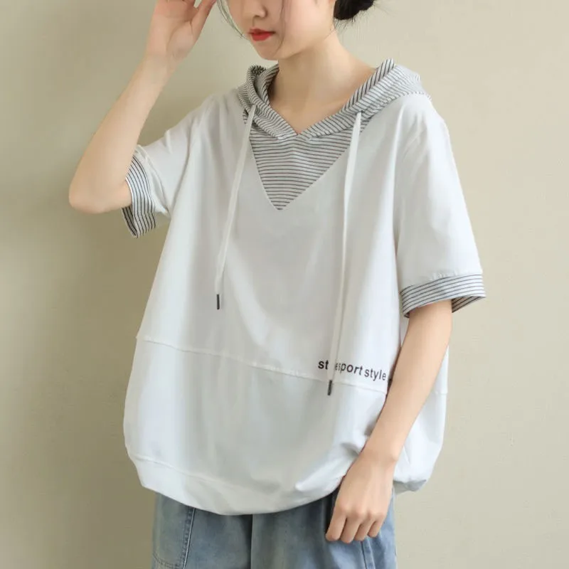 

Summer New Korean Fashion Patchwork Hooded Casual Tee Shirt Female Cotton Tops Women Short Sleeve Loose T-shirt Plus Size Stripe