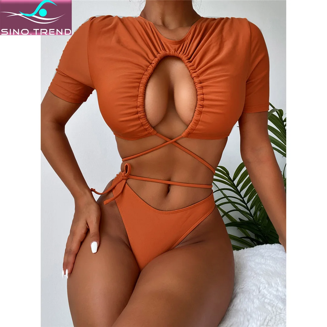 

SINO.TREND Cut Out Wrap Around Bikini Set Female Swimsuit Women Swimwear Two-pieces Short Sleeve Bather Bathing Suit Swim