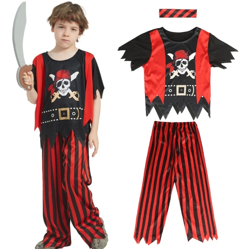 

Boy Pirate Costume Outfit Kid Buccaneer Captain Tops Striped Pants for Halloween