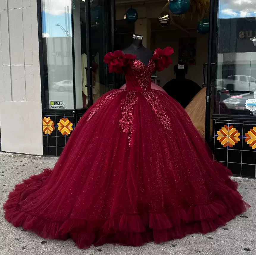 ANGELSBRIDEP винно-красные платья Quinceanera с кристаллами из бисера и рюшами на дне платье