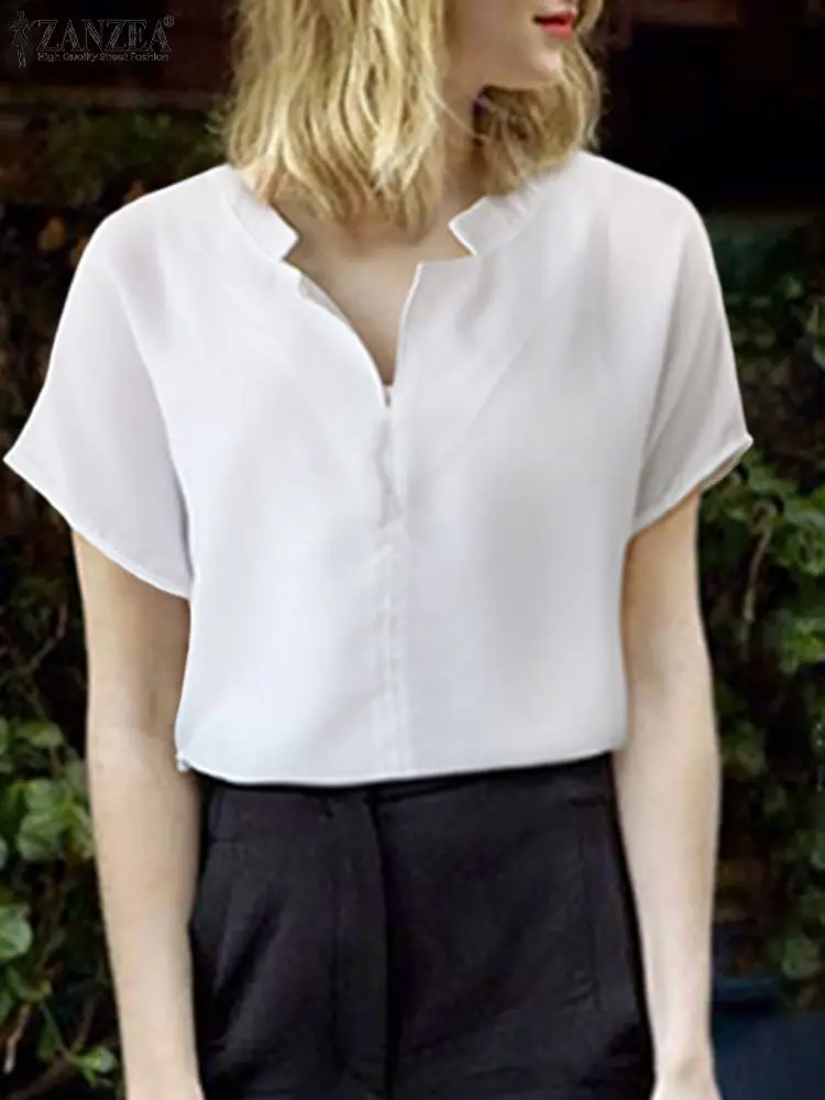 

Women Elegant Office Lady Tops Tees Female Casual Solid Loose Chemise ZANZEA Fashion Summer Blouse Sexy V Neck Blusas Femininas