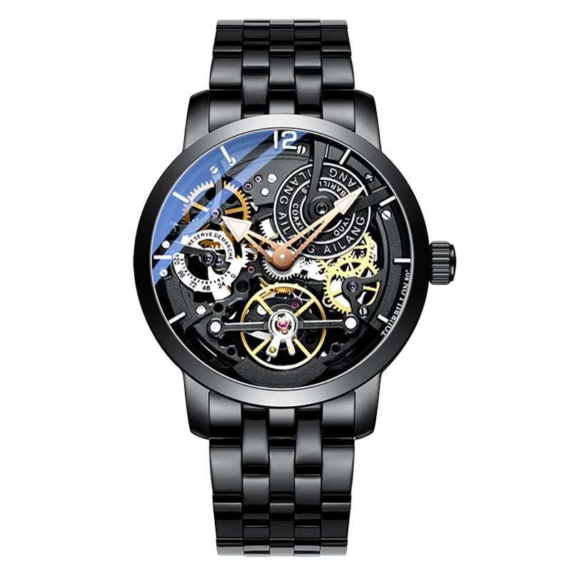 AILANG Luxury Mechanical Watch Fashion Black Steel Band Luminous Automatic Skeleton Watch Waterproof Mens Relogio Masculino 6811