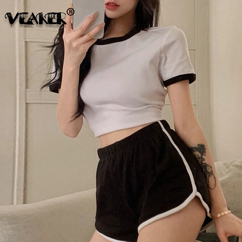 

2022 NEW Women's Two Peice Sets Sports Cropped Tops Suit Female Summer Slim Fit Tee Short Sleeve Fitness Yoga Sexy Top + Shorts