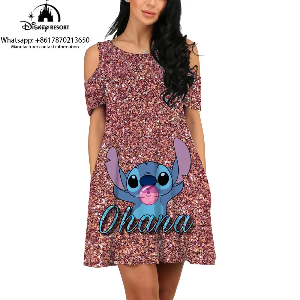 

Stitch Anime Disney Brand 2022 Summer New Knee Length Dress Bohemian Round Neck Fashion Casual Female Short Sleeve Dress