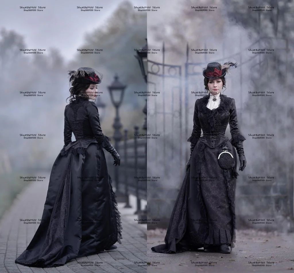 

Victorian Steampunk Gothic Bustle Prom Dress with Train Long Sleeve Black Lace vintage costume Vampire Ball Gown Evening Dress
