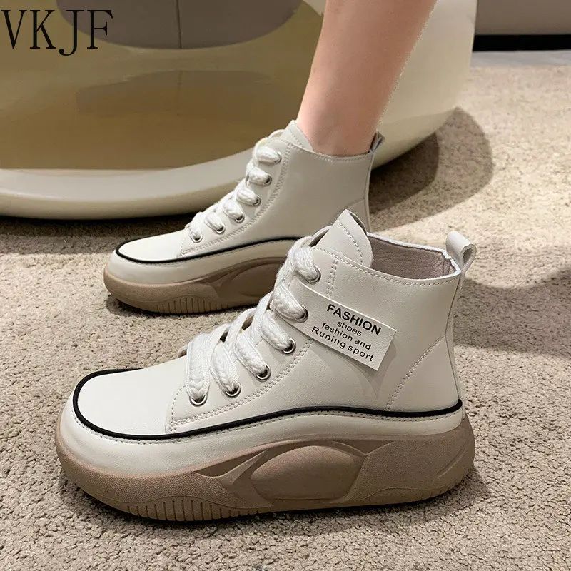 

Women Vulcanize Shoes Fashion High-Top Soft Thick Bottom Sneakers 2023 Autumn Solid Colors Lace-Up Casual Shoes for Women winter