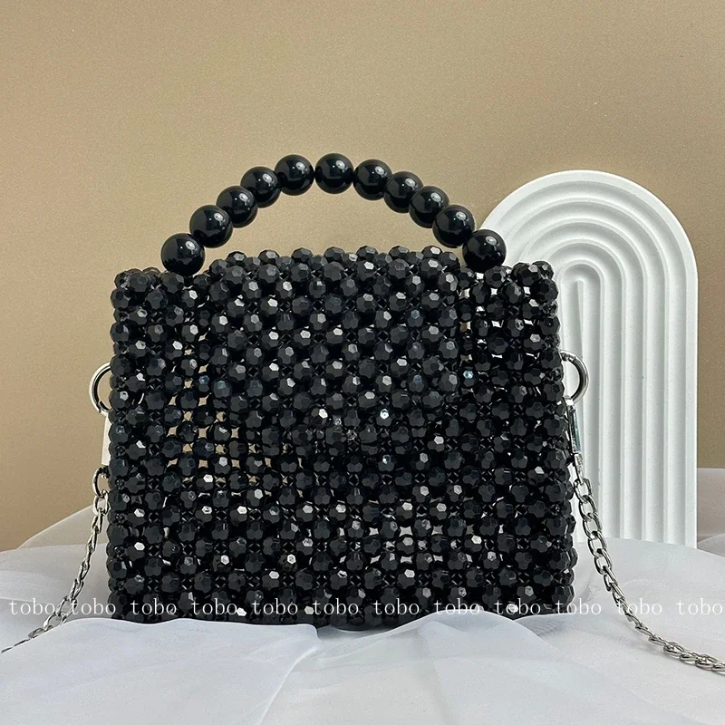 Черная сумка-тоут с бусинами и магнитной кнопкой серебряная цепочка сумочка