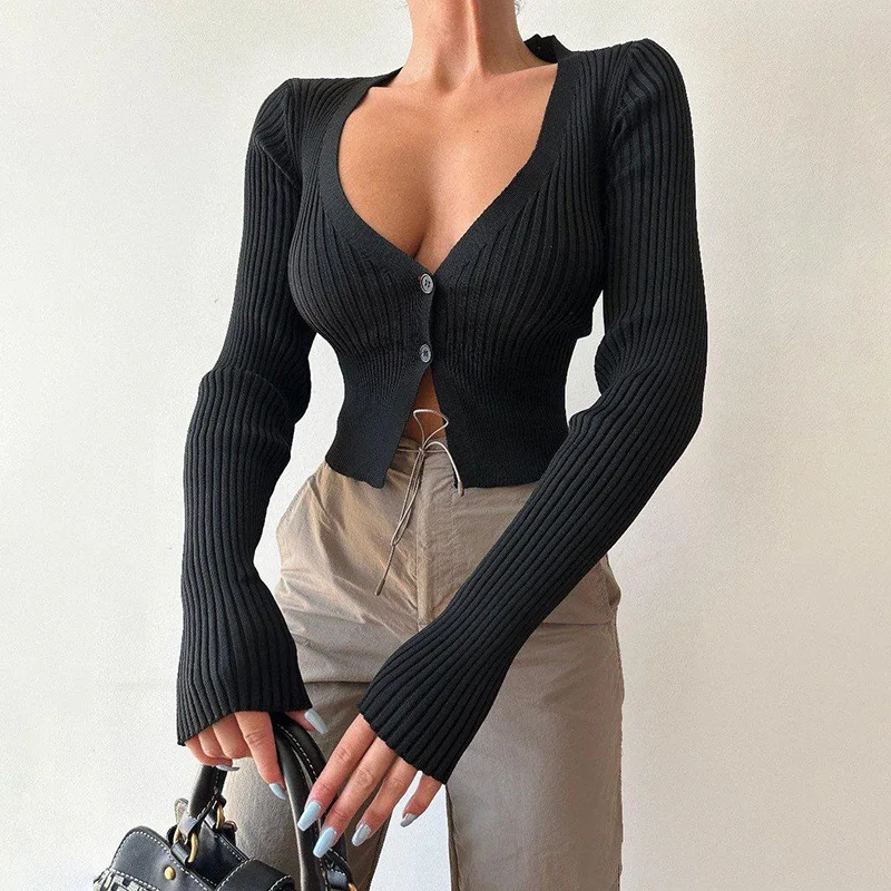 

Spring Autumn Ribbed Solid V Neck Long Sleeve Buttons Sweater Tops Women Fashion Clothes Streetwear Wholesale Sweater Cardigan