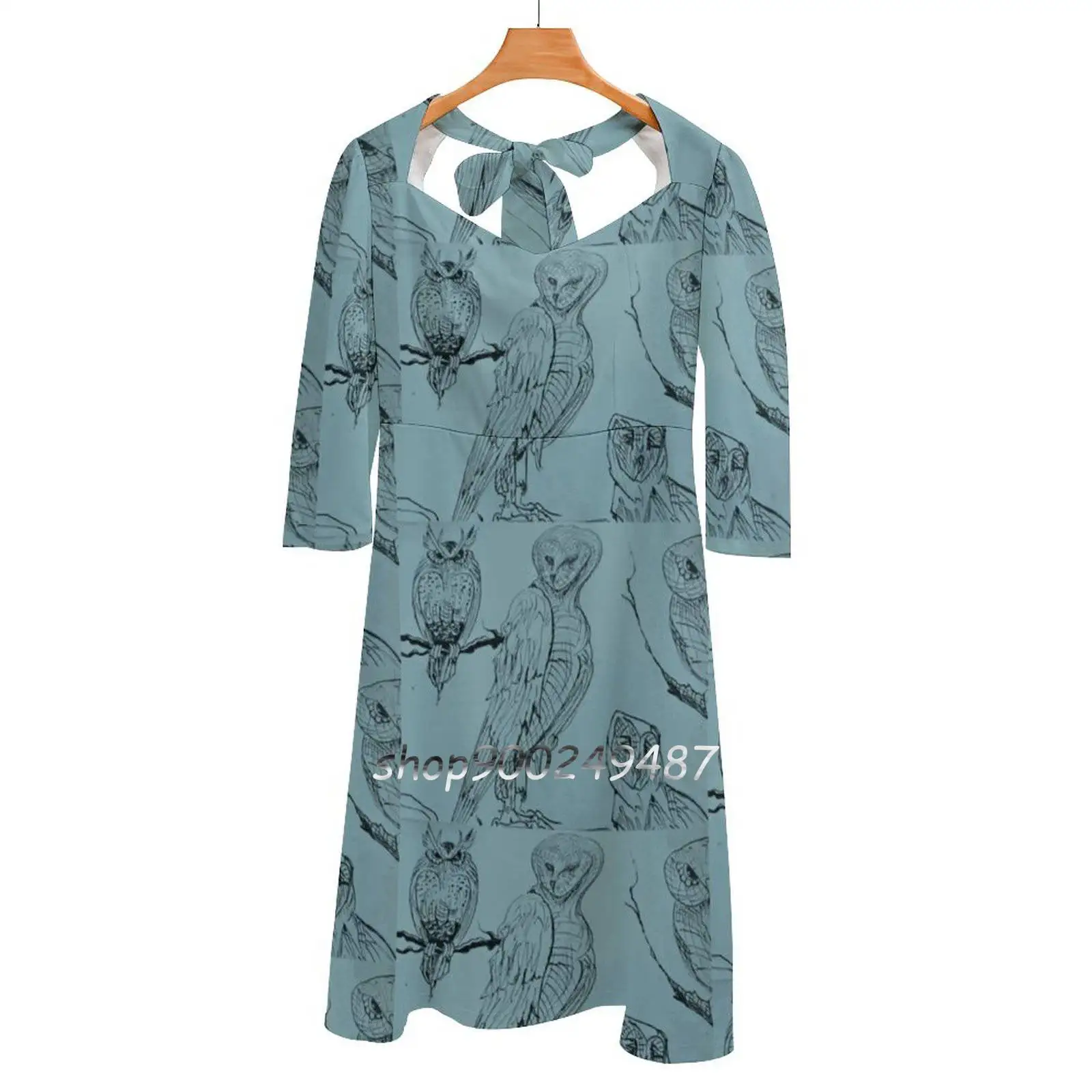 

Night Time Sweet Elegant Dress Women Korean Kawaii Square Collar Dress Owls Owl Painting Night Night Time Owl On Owl On Home
