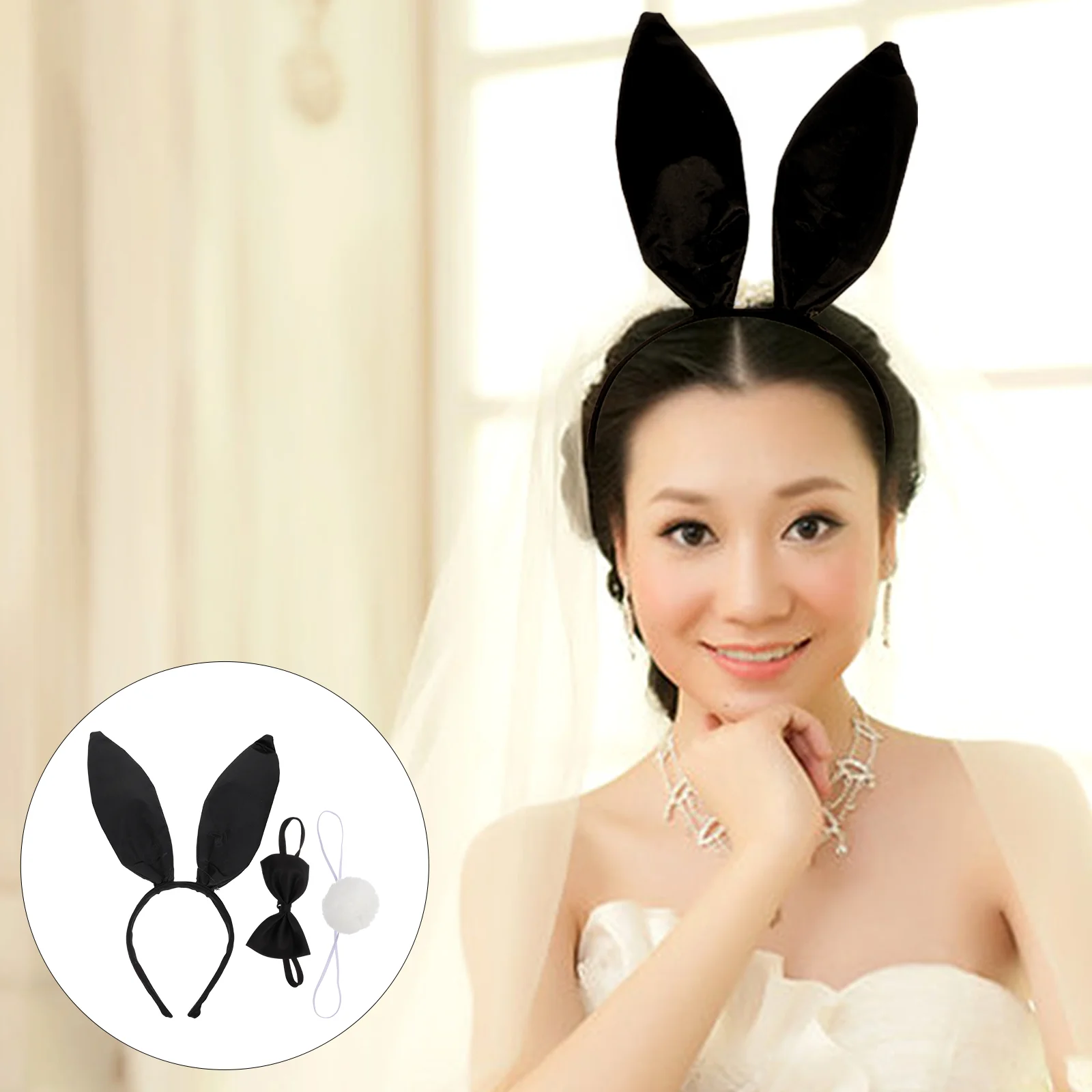 

Женские атласные повязки на голову, аксессуары для косплея в стиле Пасхи, набор костюмов кролика, мягкие серьги из искусственного кролика, пушистый хвост