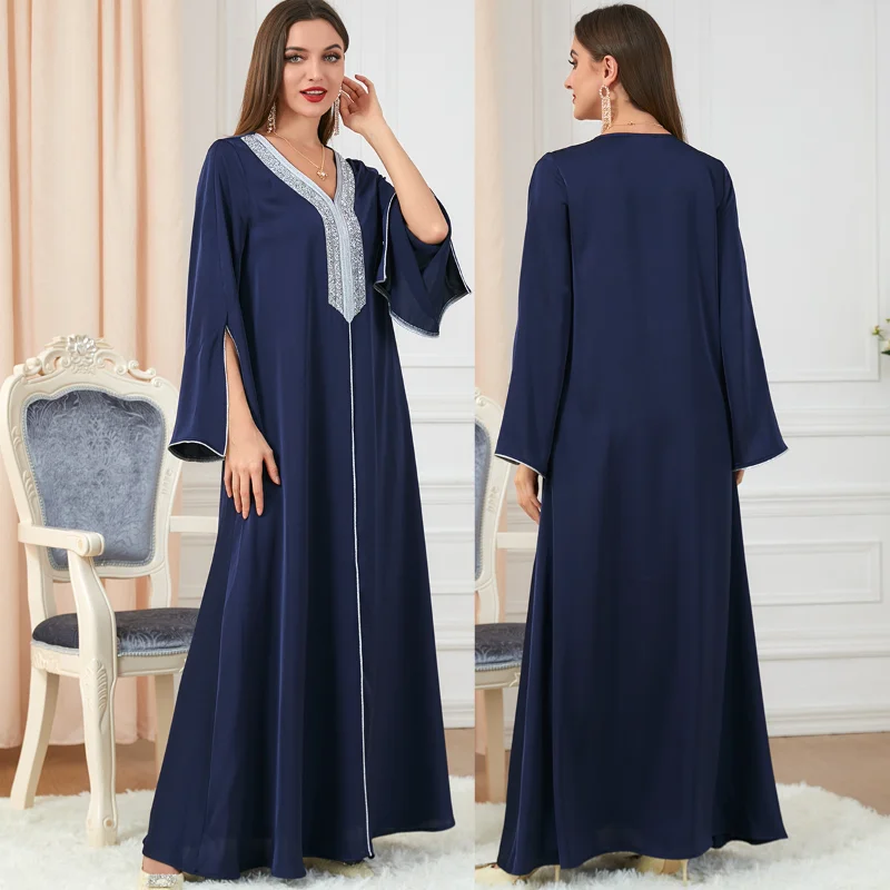 Morocco Party Dress Muslim Women Abaya Prayer Caftan V Neck Diamond Maxi Dresses Robe India Abayas Dubai Longue Vestidos Largos