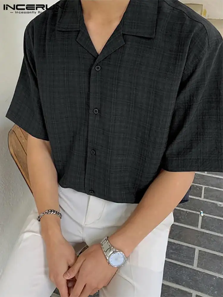 

INCERUN Men Casual Shirt Plaid Lapel Short Sleeve Vintage Button Streetwear Summer Hawaiian Shirts Men 2022 Leisure Camisas 5XL
