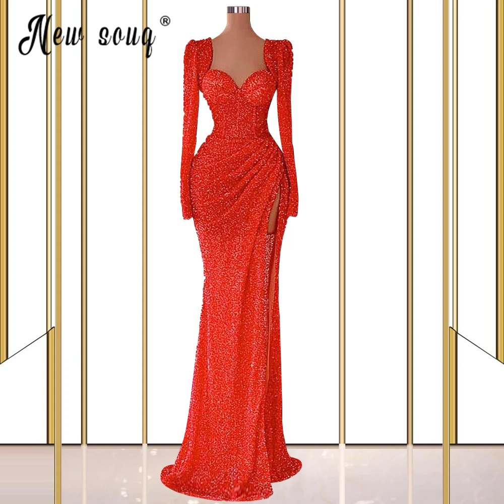 

Vintage Red Long Evening Dress Side Split Mermaid Full Sleeve Beading Prom Party Gowns Robe Square Neck Plus Side Custom Made